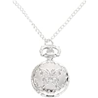Los mejores  - SODIAL(R) El reloj de bolsillo de plata de cuarzo de la mariposa numeros arabes con collar de la vendimia